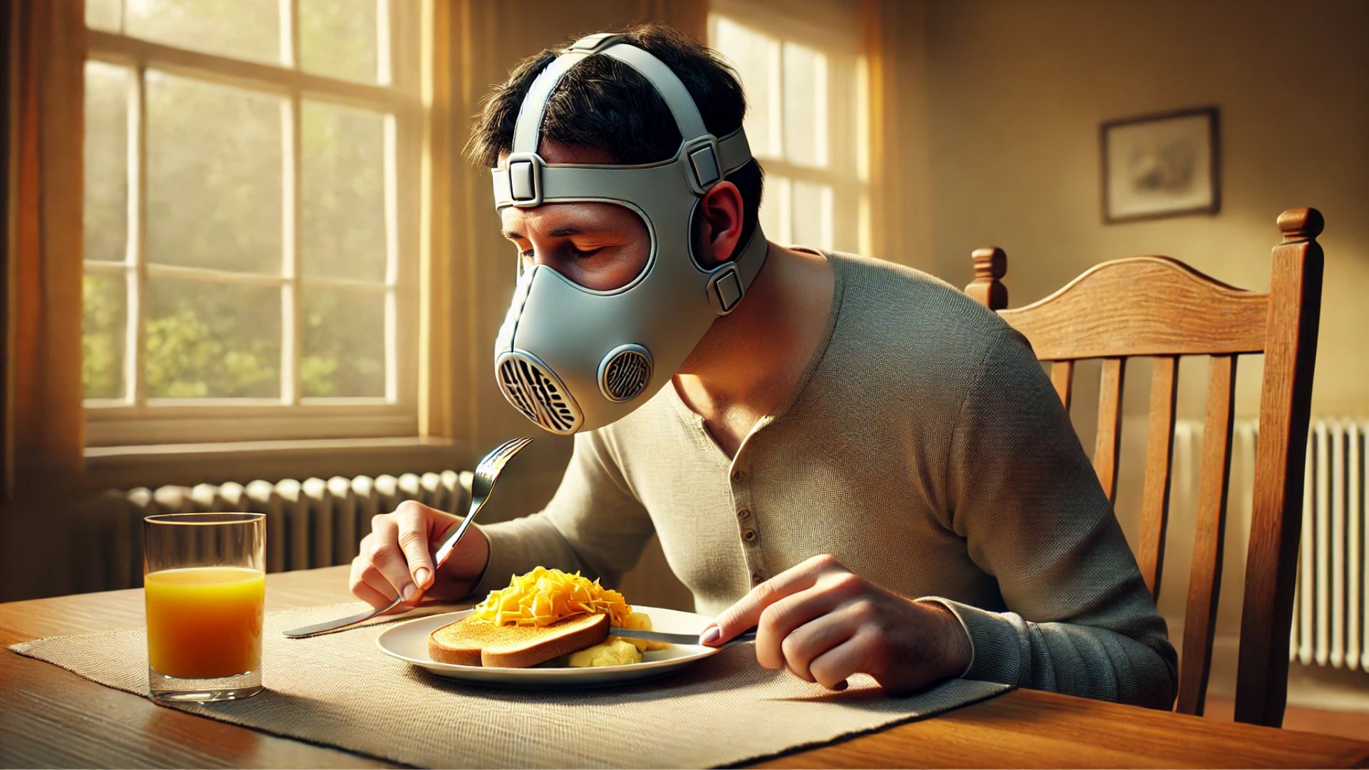 A person sitting at a dining table awkwardly trying to eat with an Anti Eating Mask on