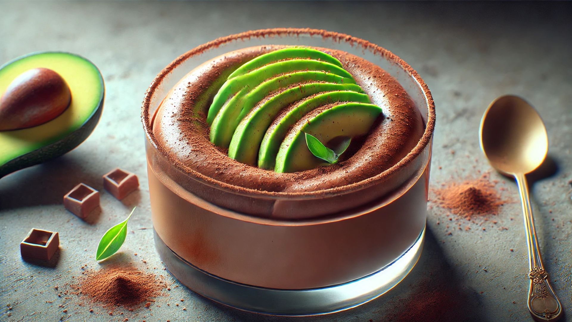 A rich creamy chocolate mousse topped with a few slices of avocado