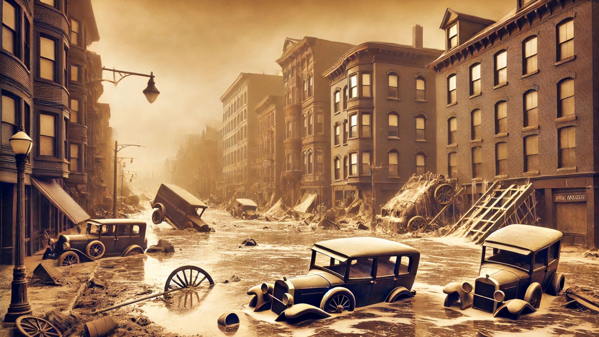 Boston's North End showing the aftermath of the molasses flood with overturned vehicles and damaged buildings