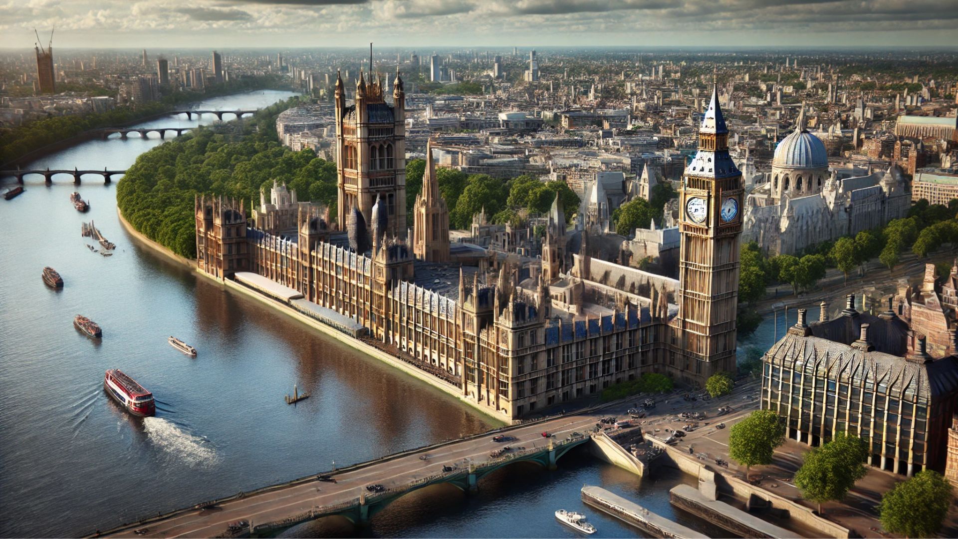 aerial shot of Elizabeth Tower with the Houses of Parliament and the Thames River in the background