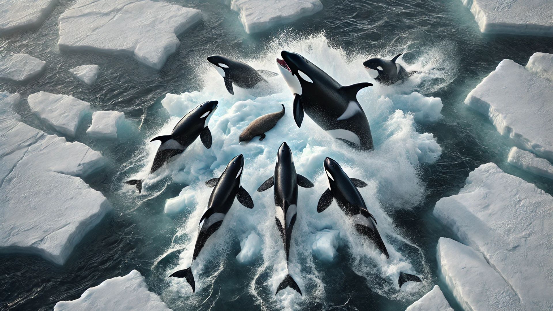 an aerial view of a pod of orcas wave washing a seal off an ice floe