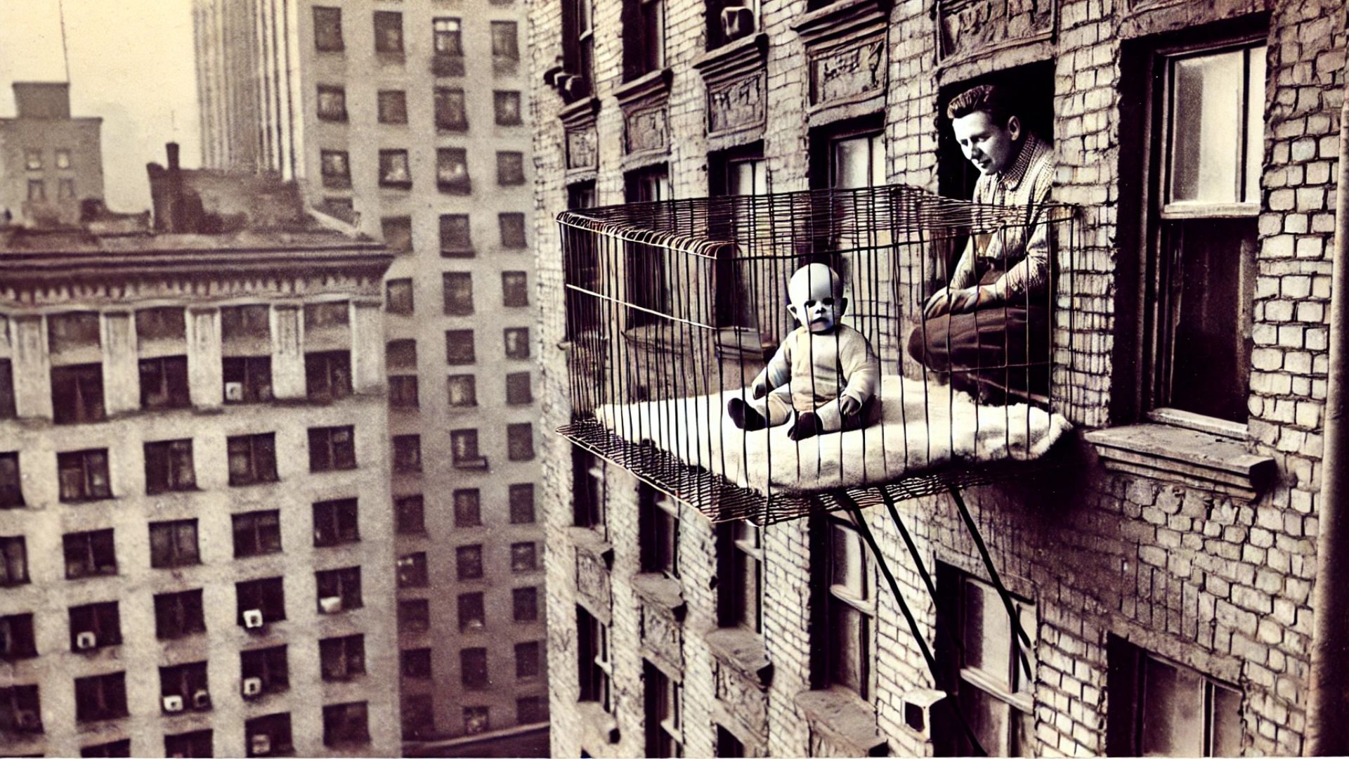 baby sitting in a wire cage attached to a high rise apartment window