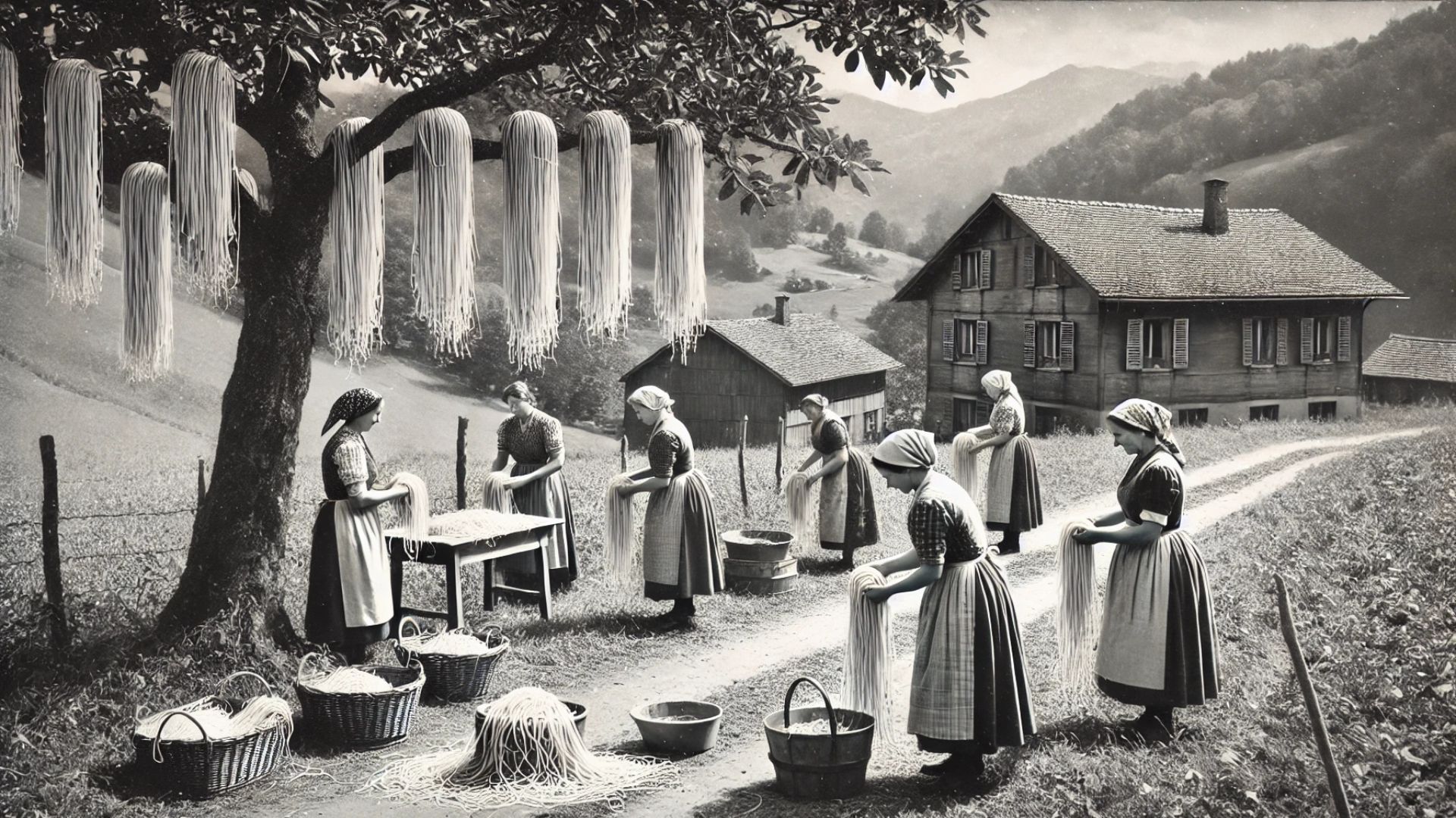 black and white still showing Swiss women harvesting spaghetti from trees