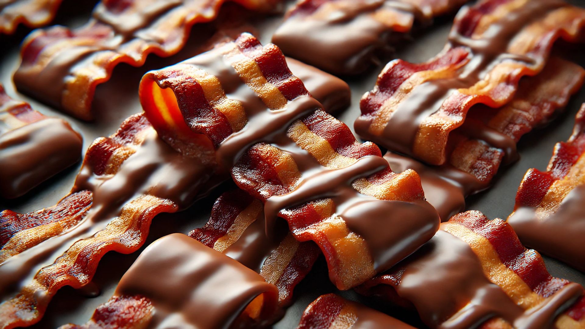 close up of chocolate covered bacon strips