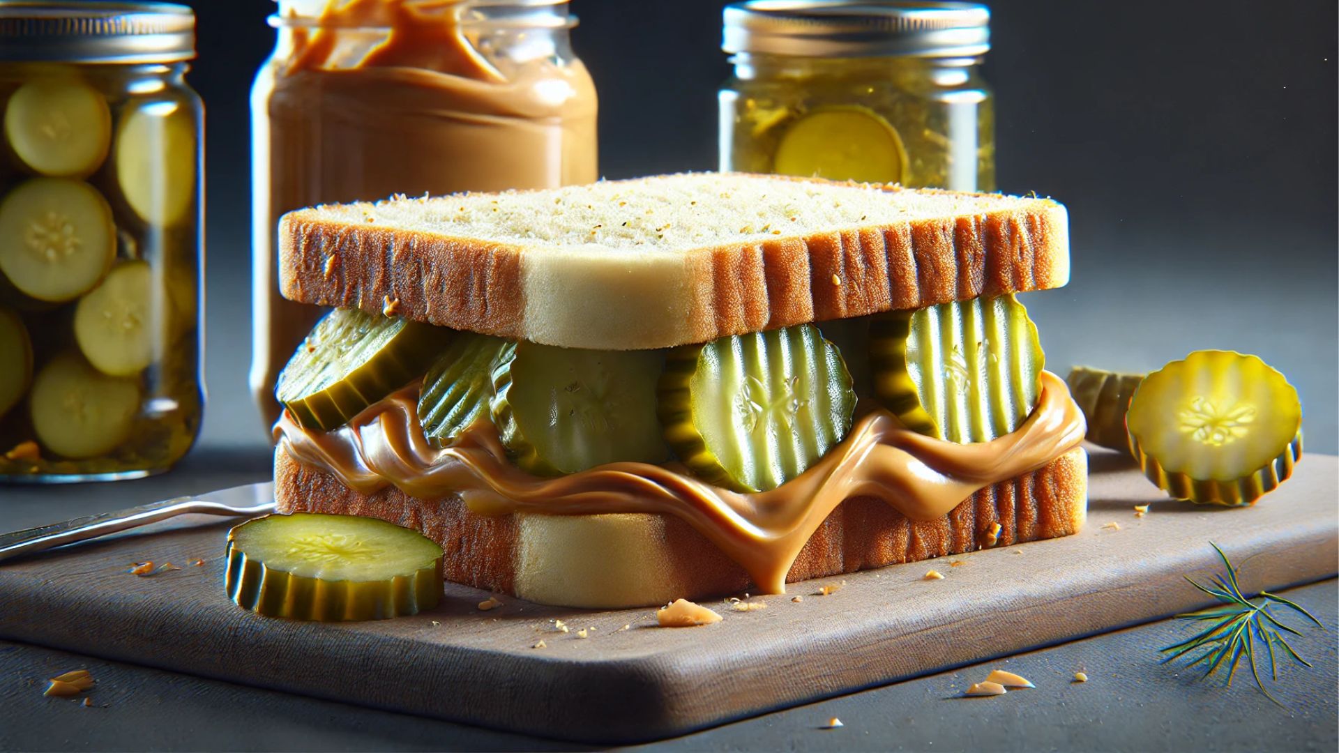 close up shot of a peanut butter and pickle sandwich