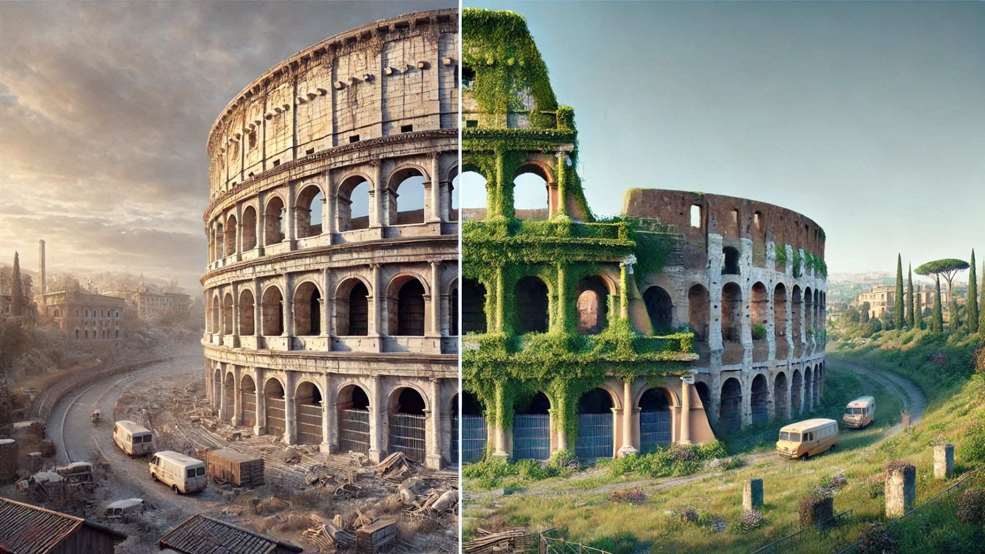 historical illustration of the Colosseum overgrown with plants