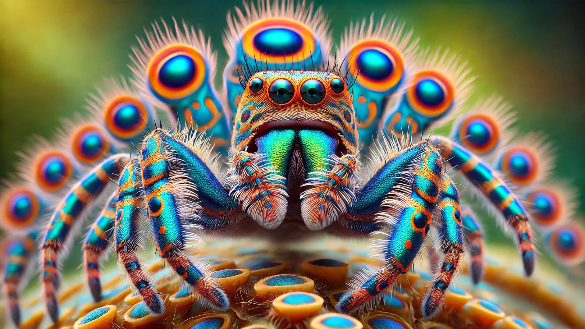 male peacock spider in full display with its vibrant colors and patterned flaps