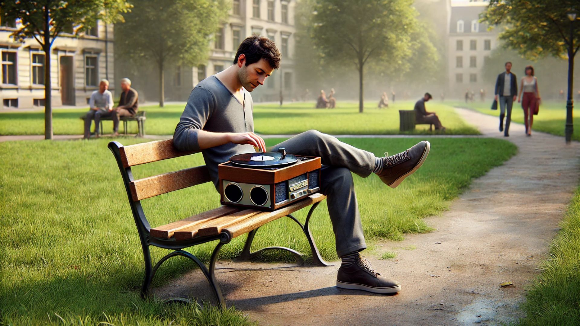 person with a portable record player on their lap while sitting in a park