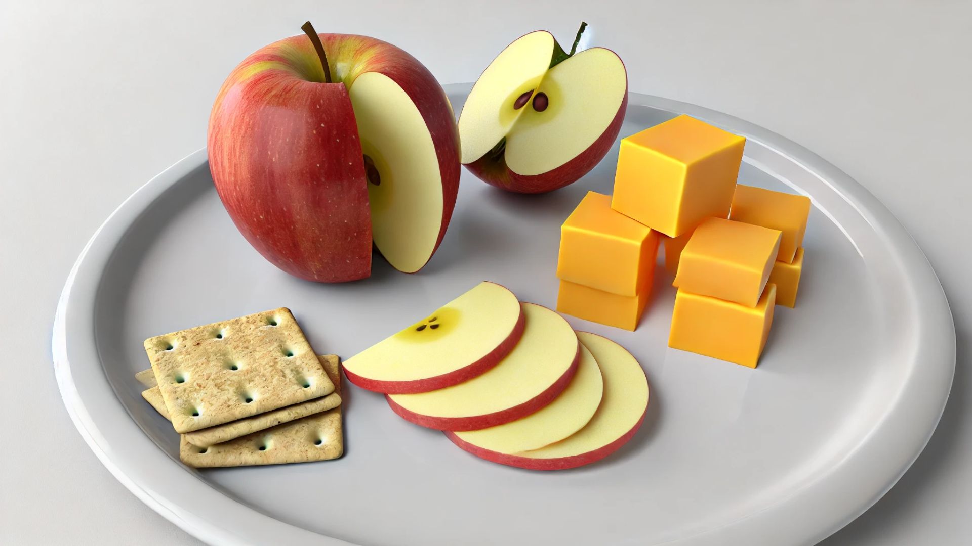 plate with slices of crisp apple and squares of sharp cheddar cheese and crackers