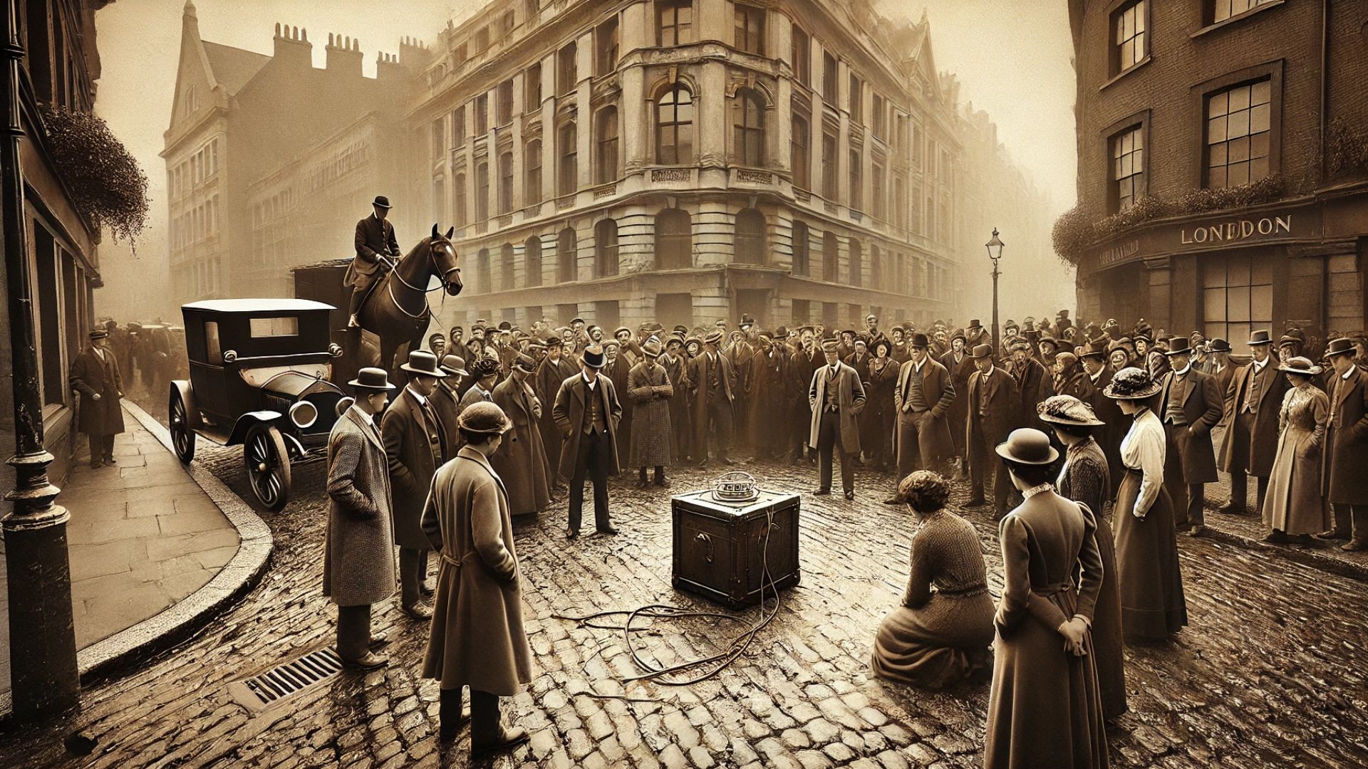 sepia toned photo of early 20th century London with a crowd gathered around a suspicious looking device