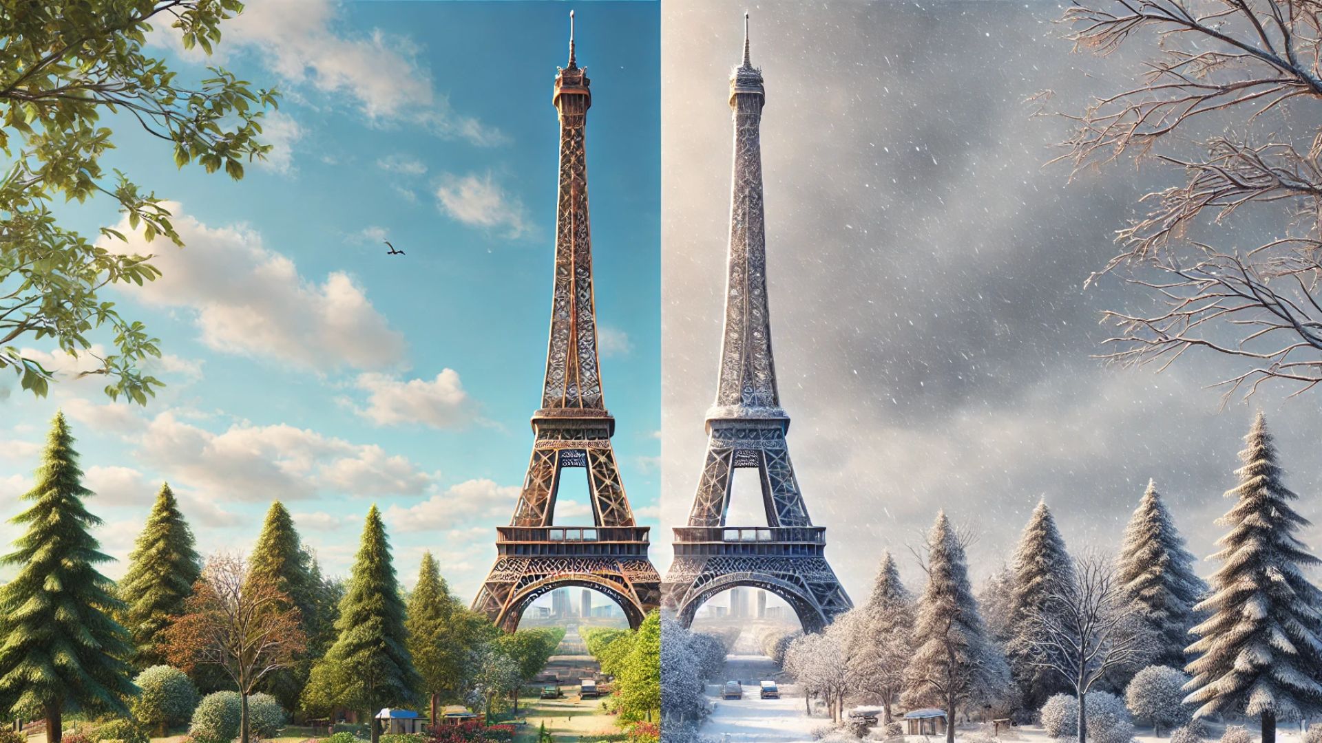 side by side comparison of the Eiffel Tower during summer and winter