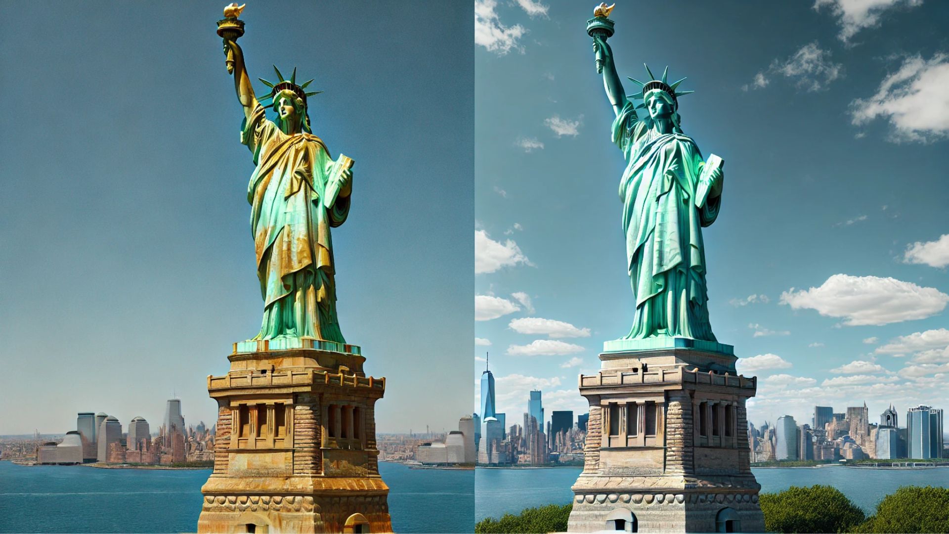 side by side comparison of the Statue of Liberty showing its colour transformation