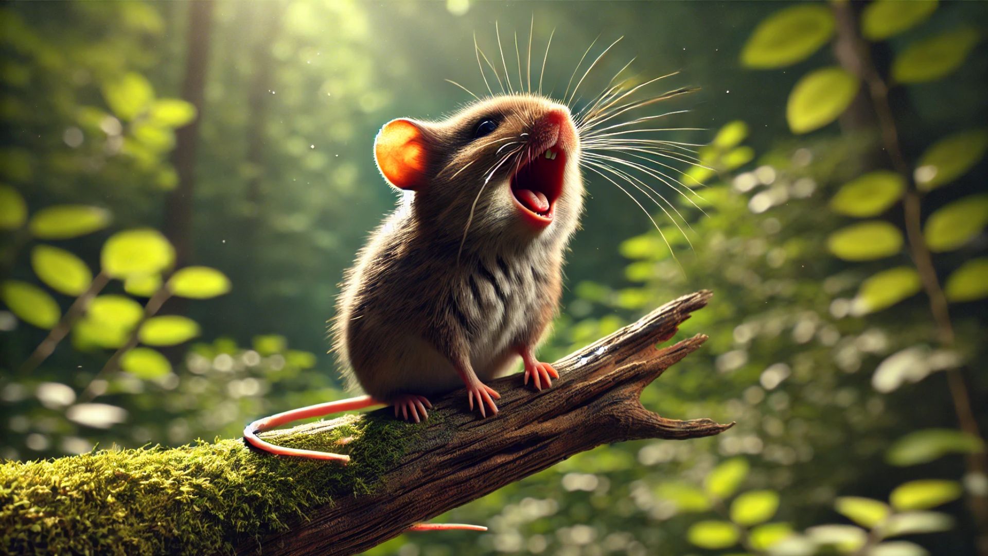 singing mouse perched on a branch, mouth open in mid trill