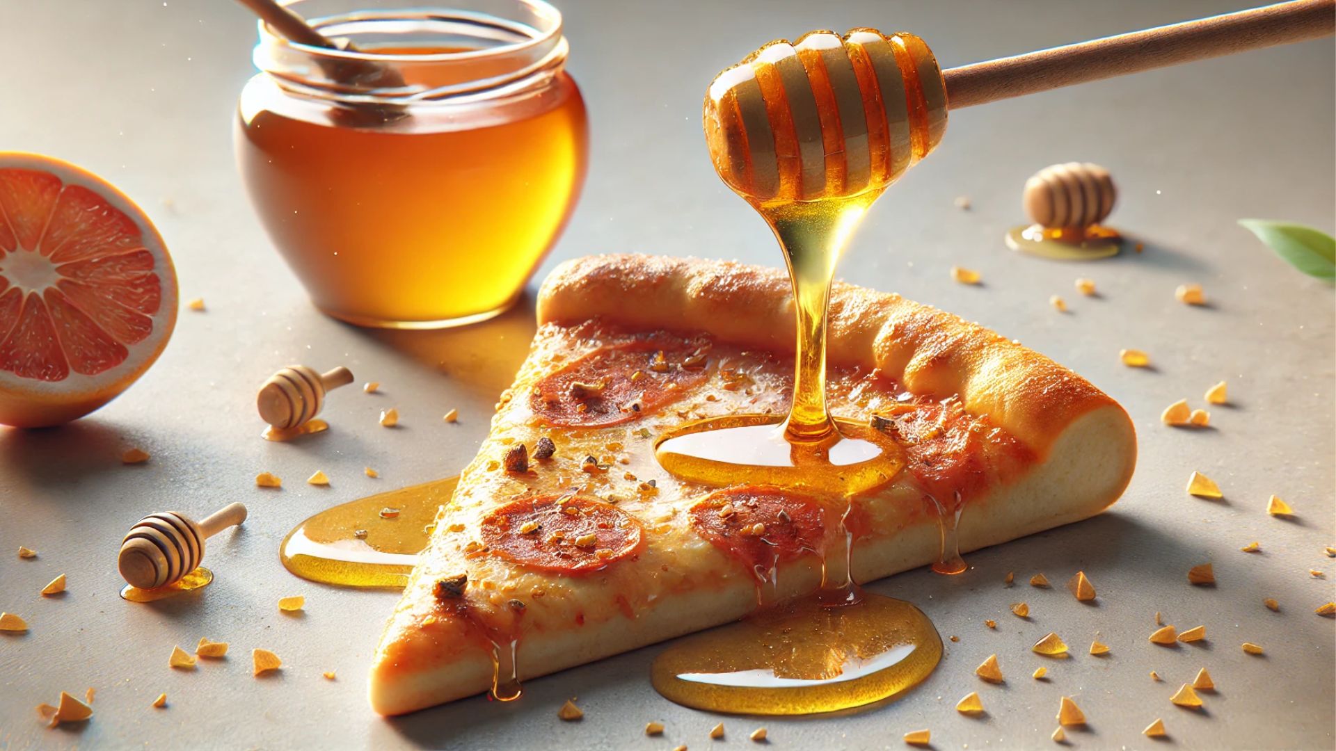 slice of pizza with honey drizzled across the top