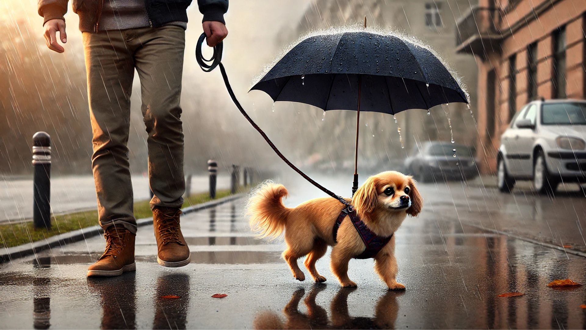 small dog struggling to walk with a Doggie Umbrella