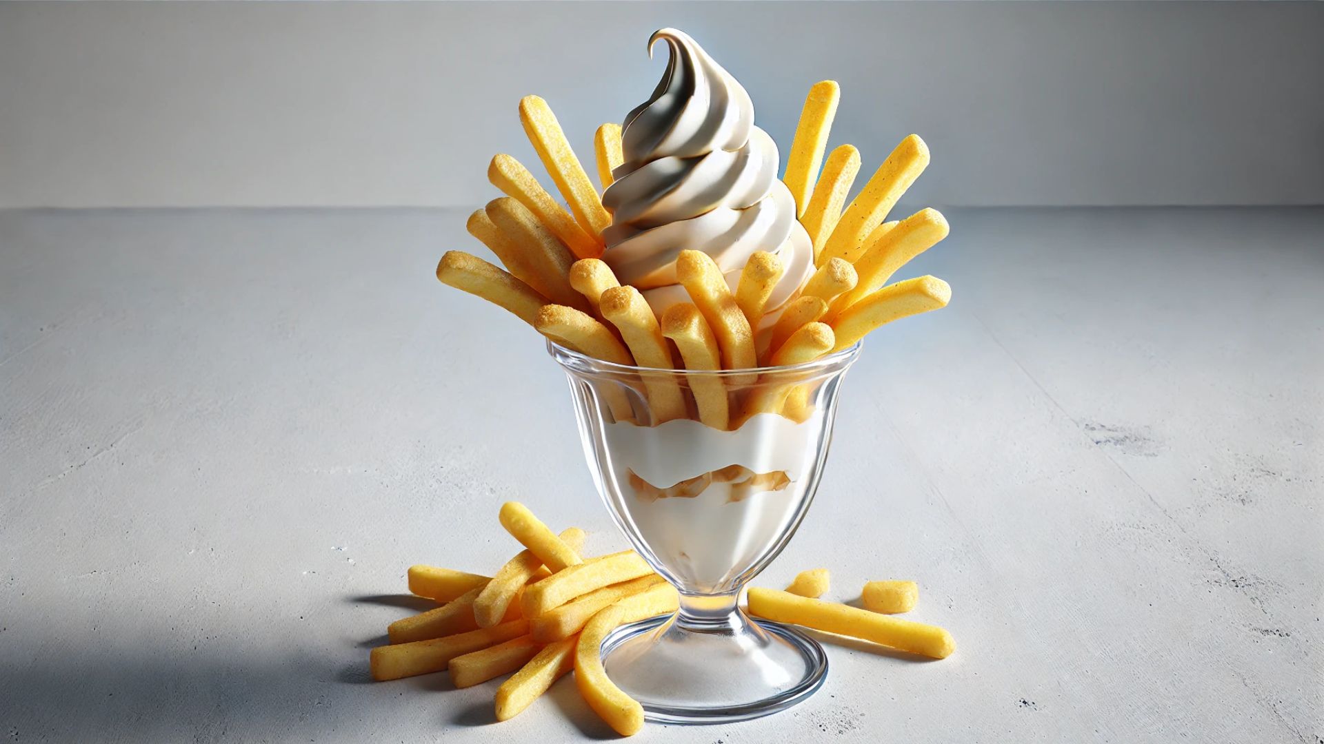 sundae glass with a swirl of vanilla ice cream and golden crispy fries