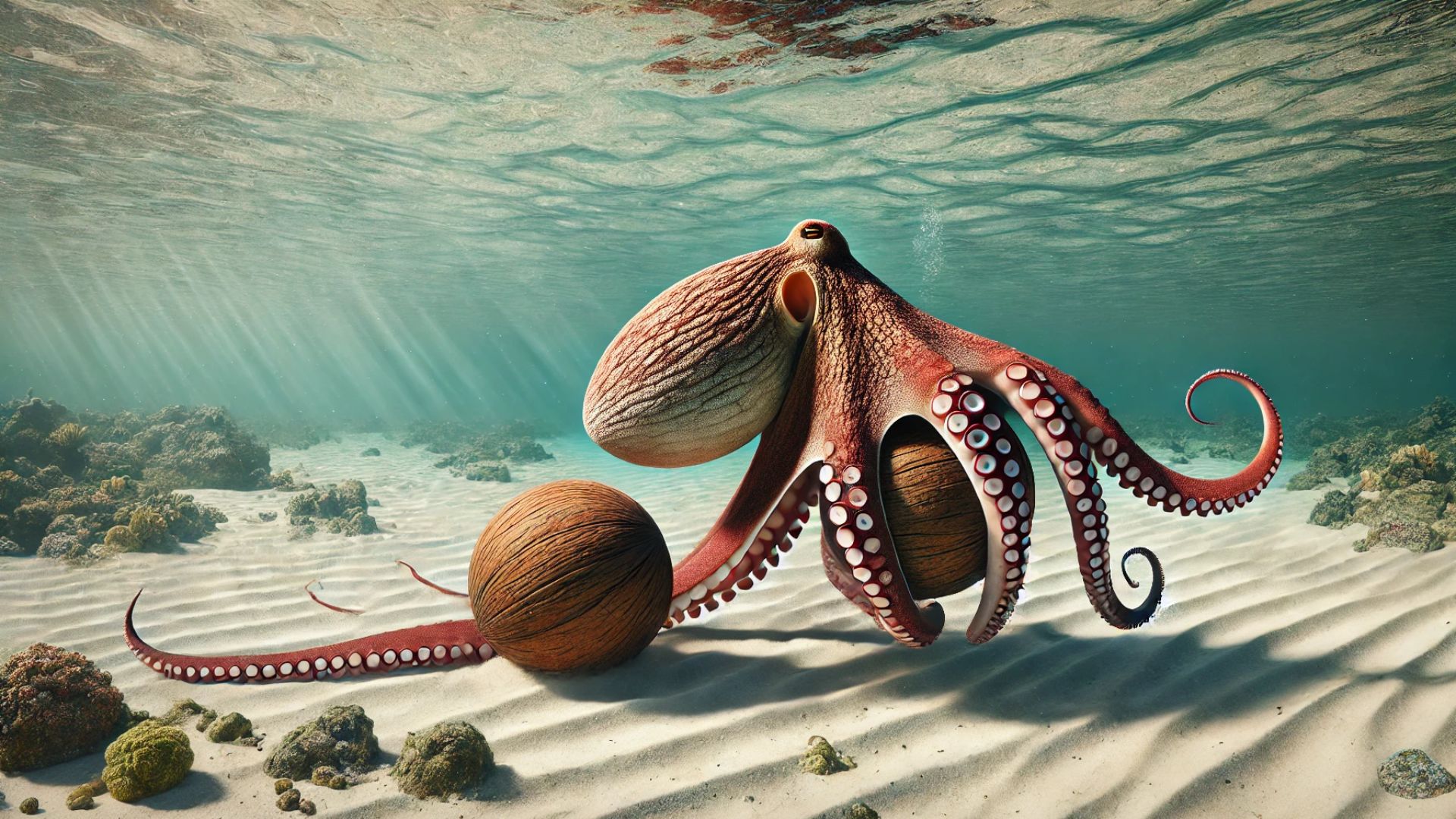 veined octopus carrying a coconut shell across the ocean floor