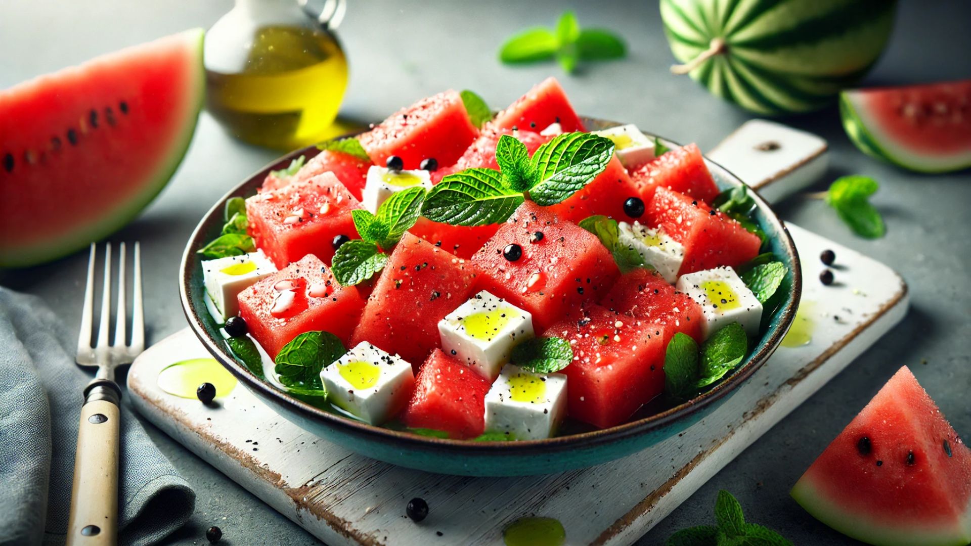 vibrant salad with chunks of watermelon and crumbled feta