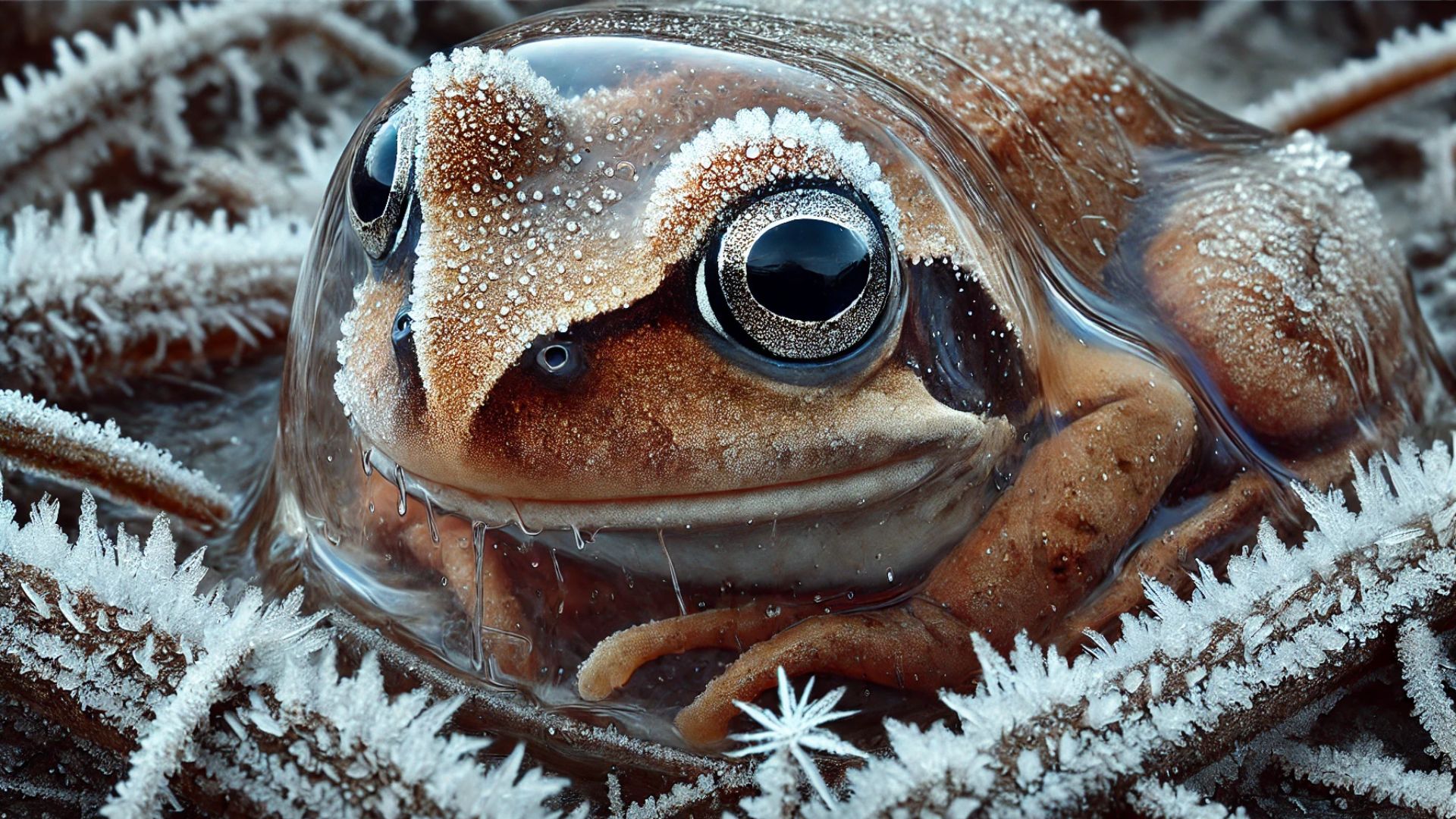 wood frog partially encased in ice