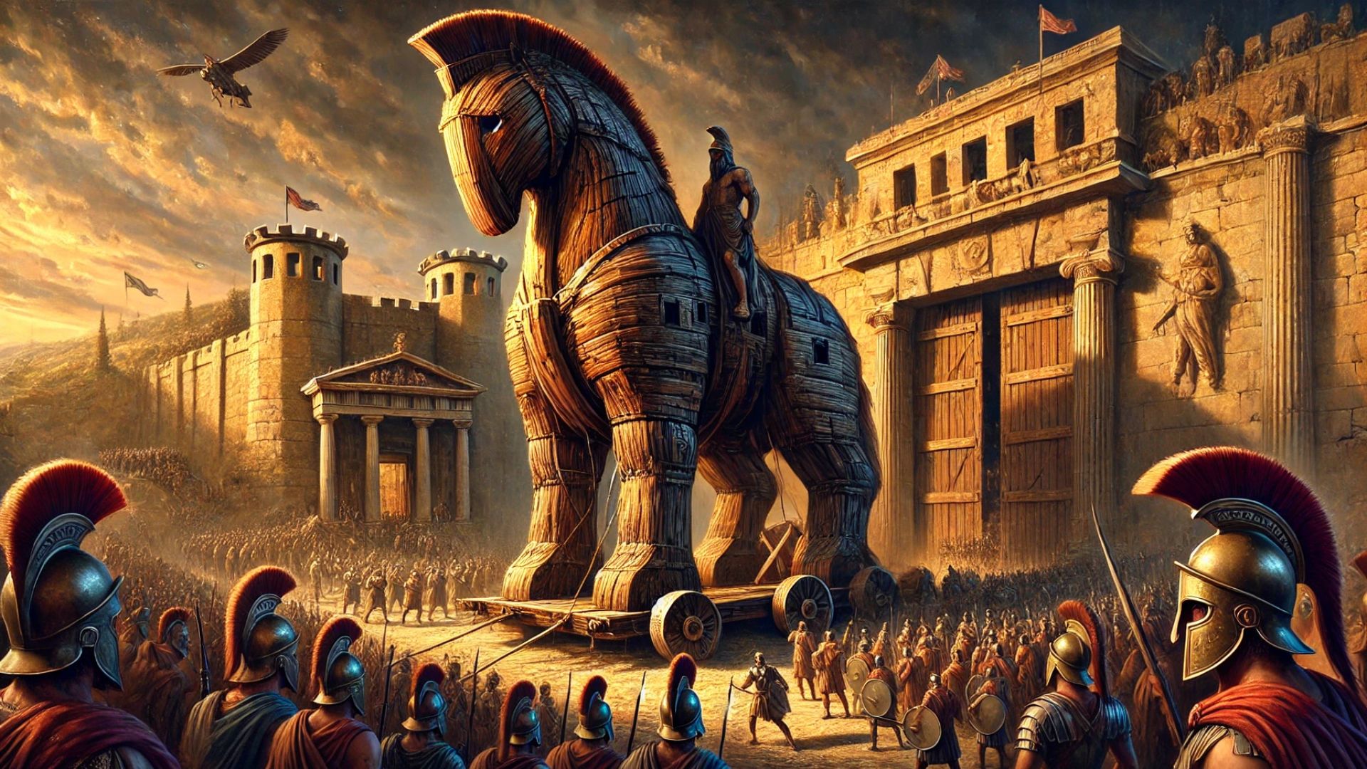 wooden Trojan Horse being wheeled into the city of Troy