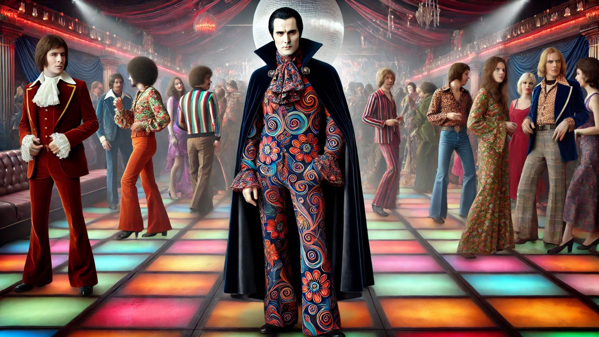 Dracula with gothic attire with others in psychedelic 1970s fashion