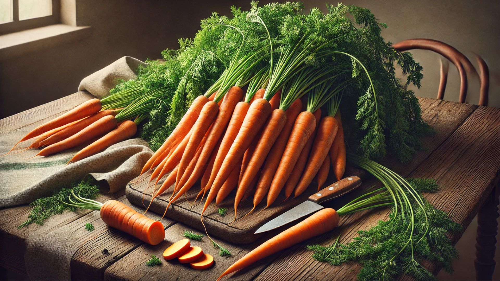 bunch of fresh carrots on a rustic kitchen table