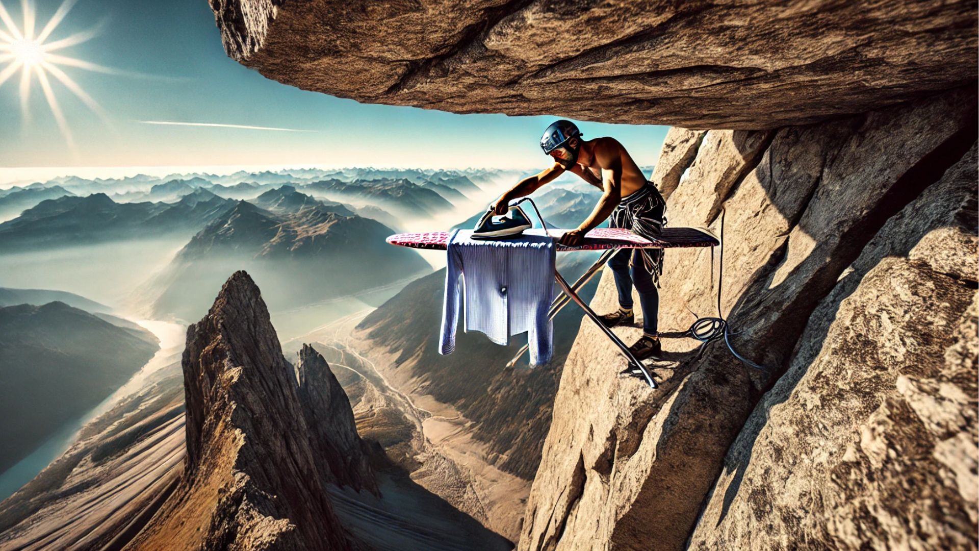 climber on a mountain face on a small ledge ironing a shirt