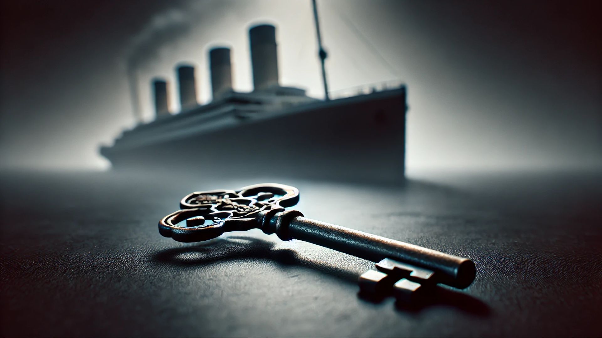 close up of a vintage key weathered and aged with the shadowy silhouette of the Titanic in the background