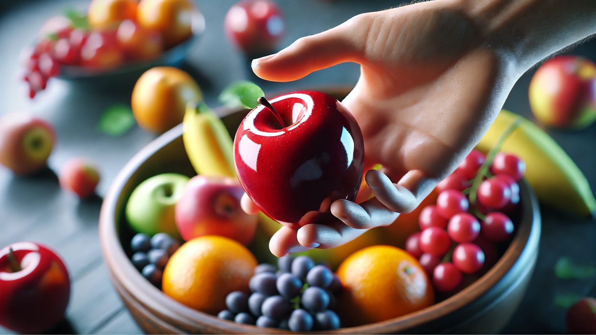 close up shot of a hand reaching for a shiny red apple