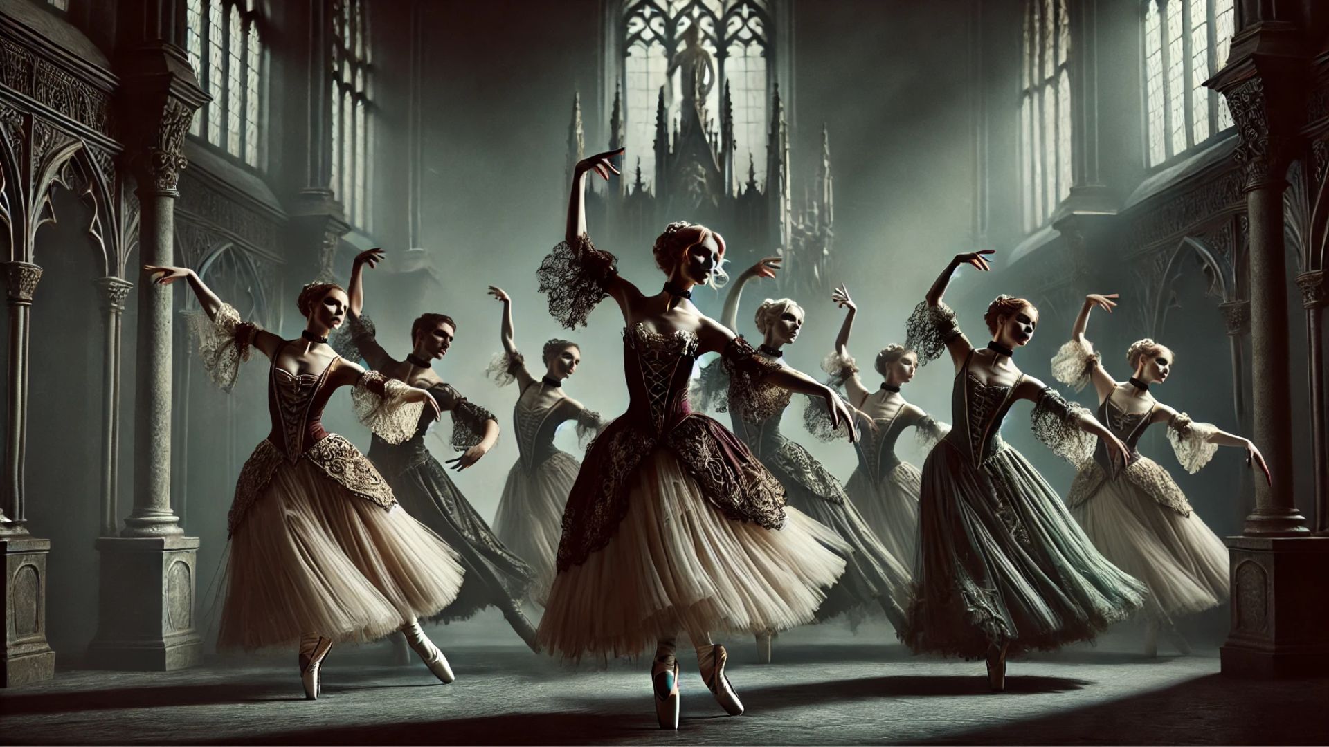 gothic ballet performance with dancers in elegant period costume