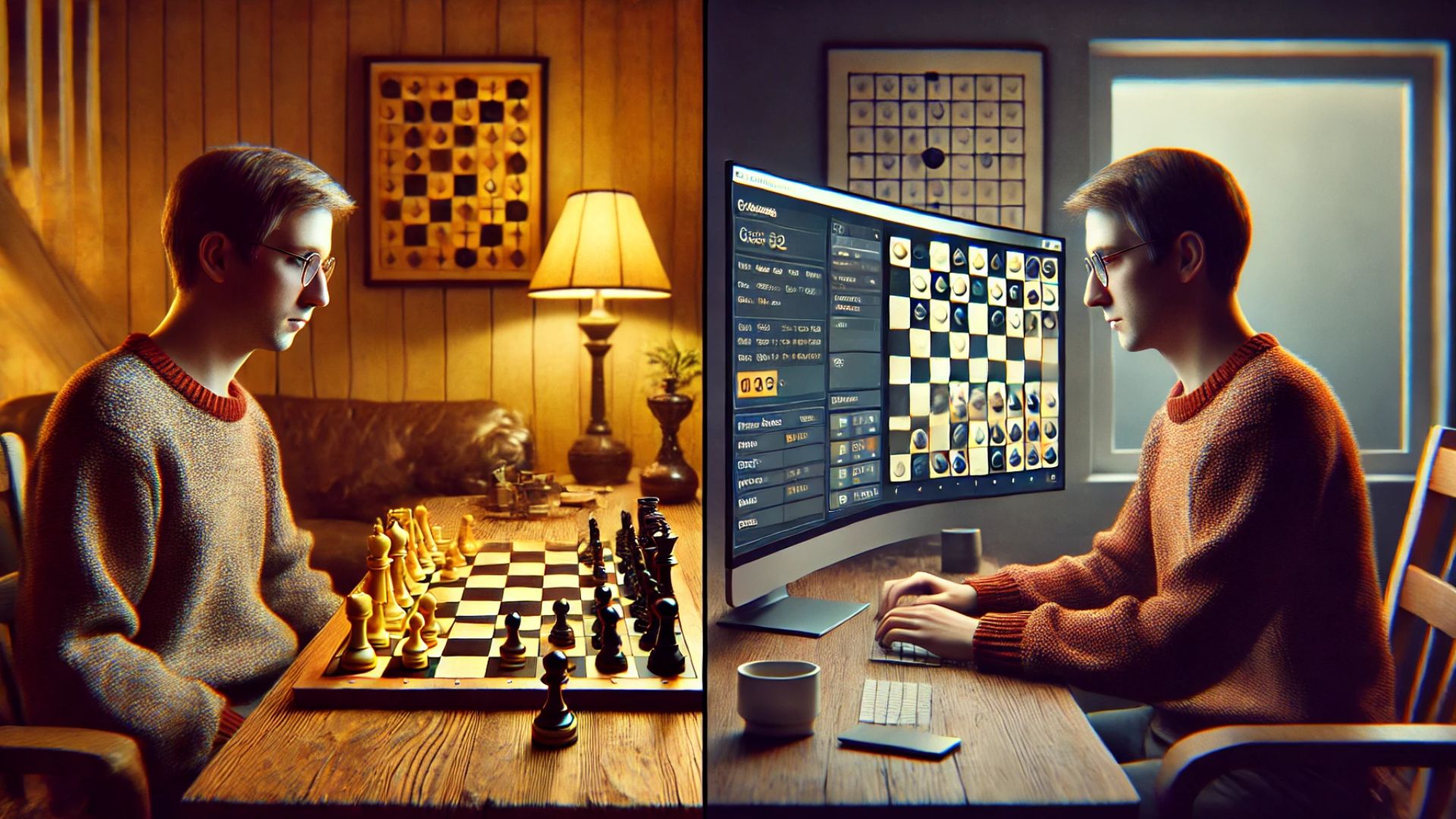 human playing chess and an AI interface calculating moves