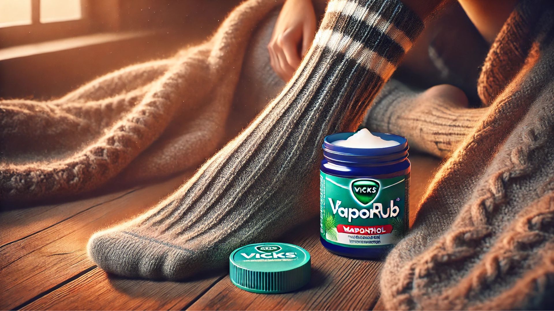 jar of Vicks VapoRub next to a foot with thick socks on