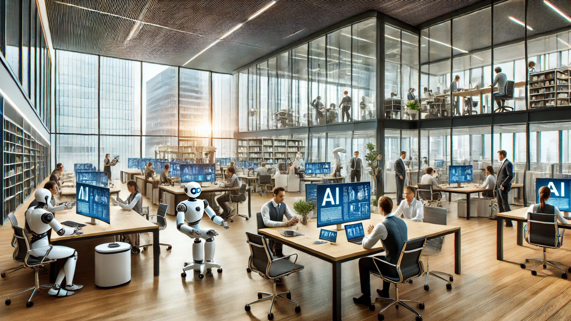 modern office with humans and AI powered machines working together