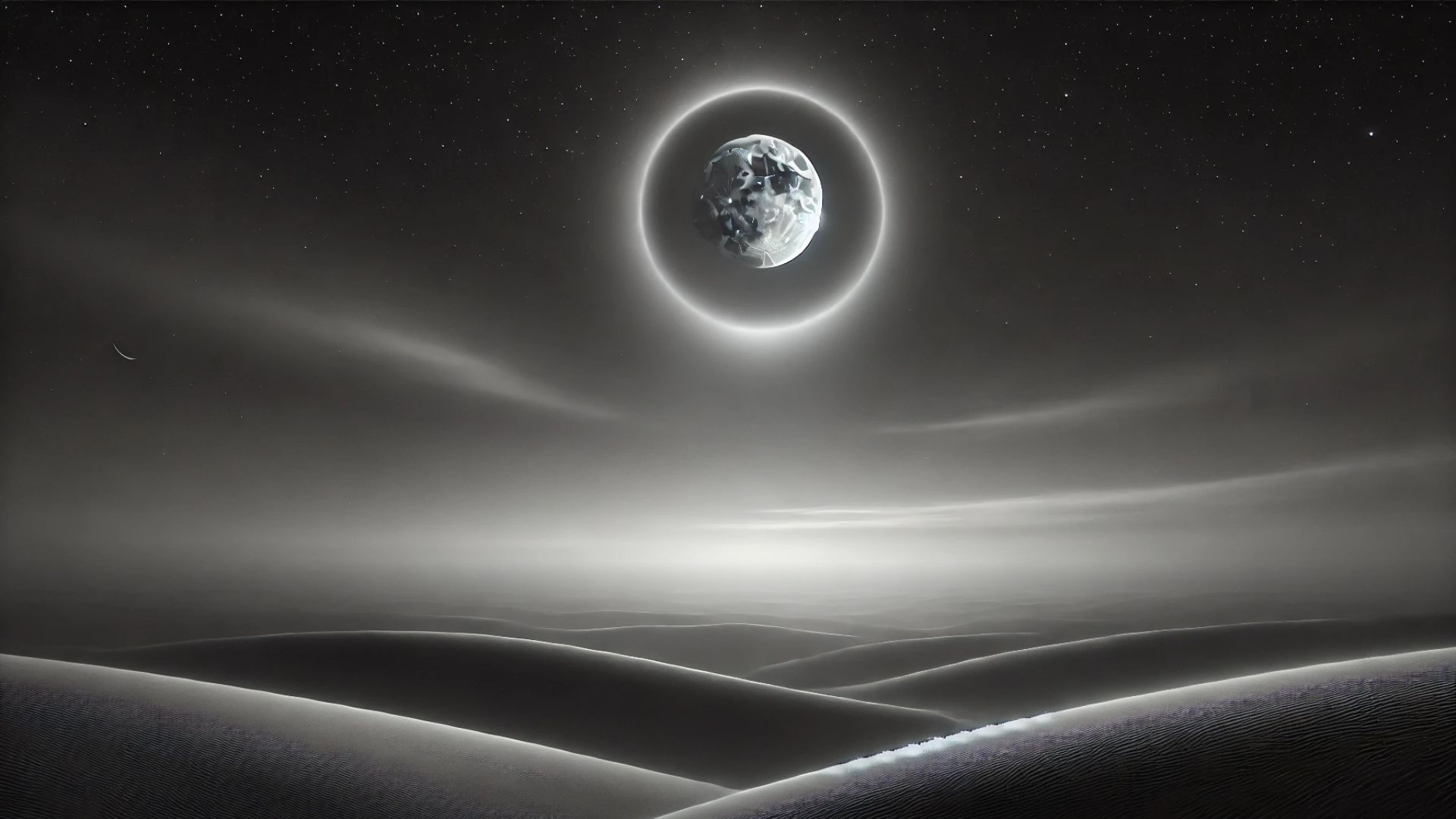 nighttime sky with a large luminous ring encircling the moon