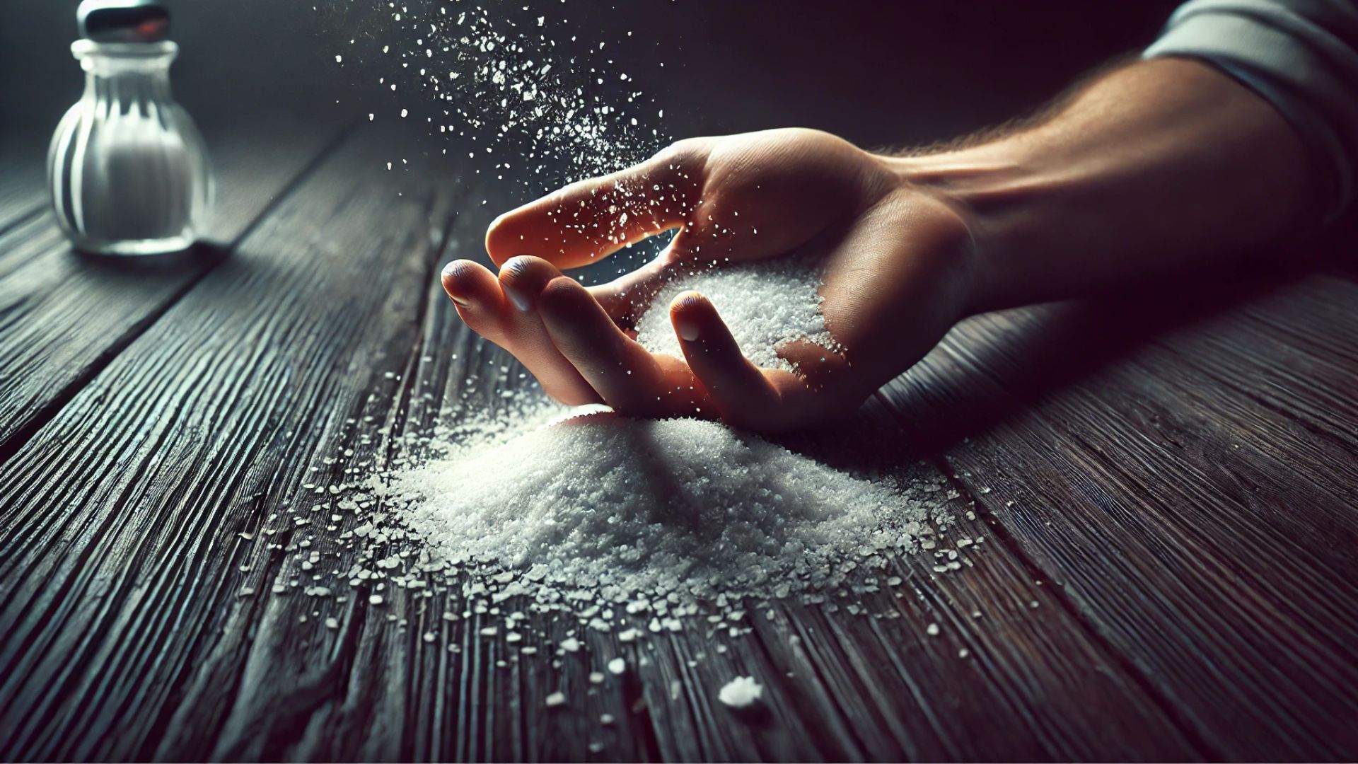 pile of spilled salt on a dark wooden table