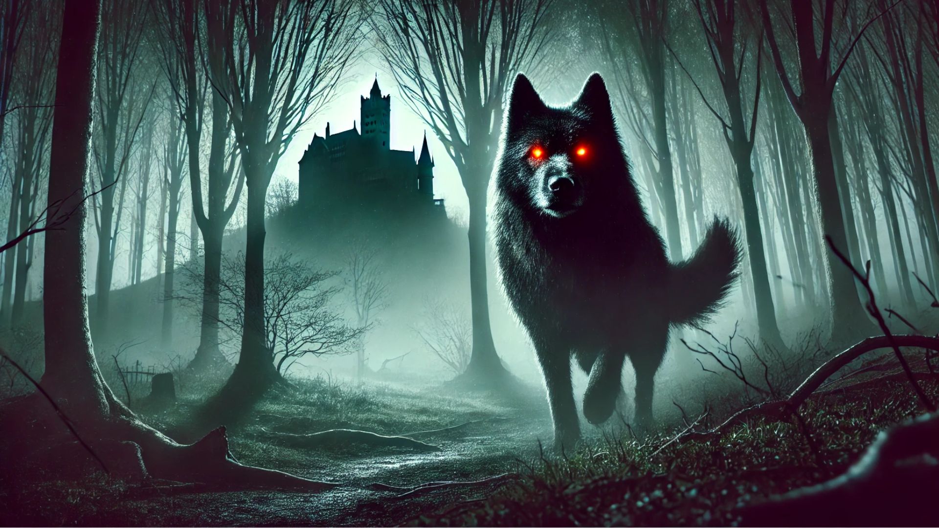 shadowy dog with glowing red eyes emerging from misty Transylvanian woods