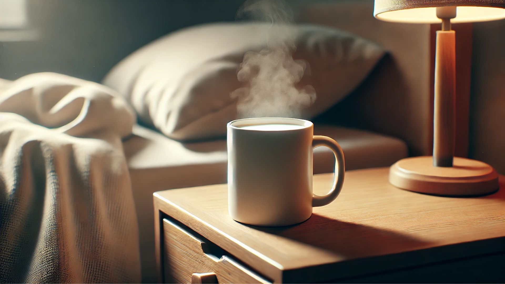 steaming mug of milk on a bedside table