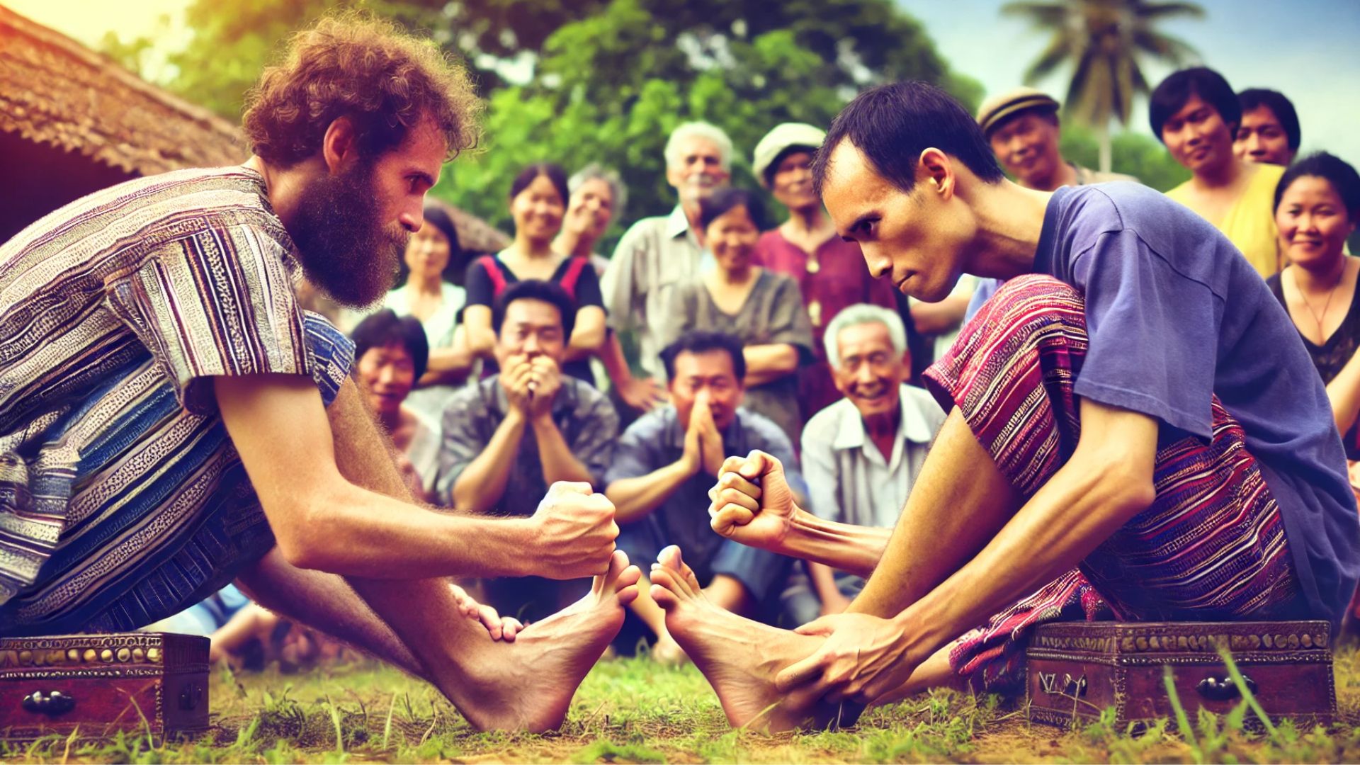 two people toe wrestling