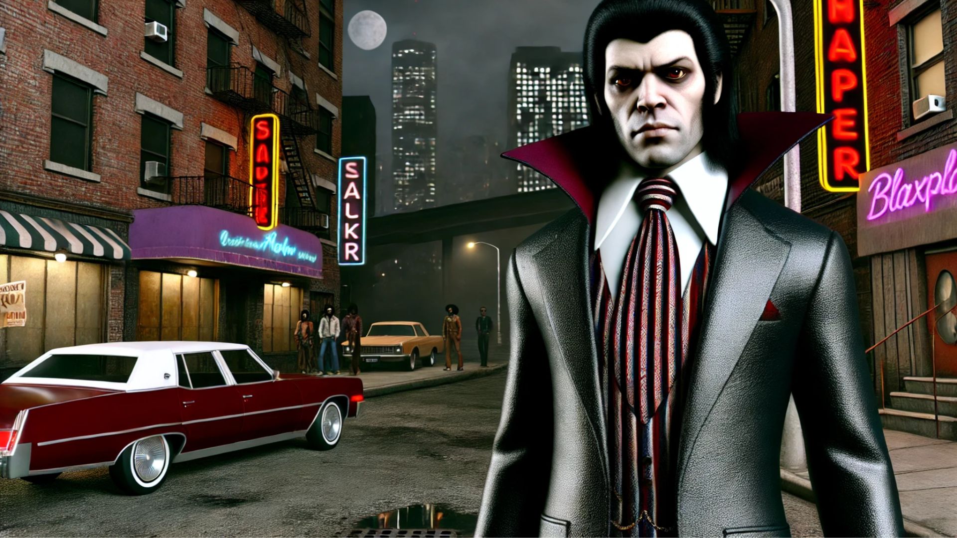 vampire in a sharp suit in a 1970s urban setting